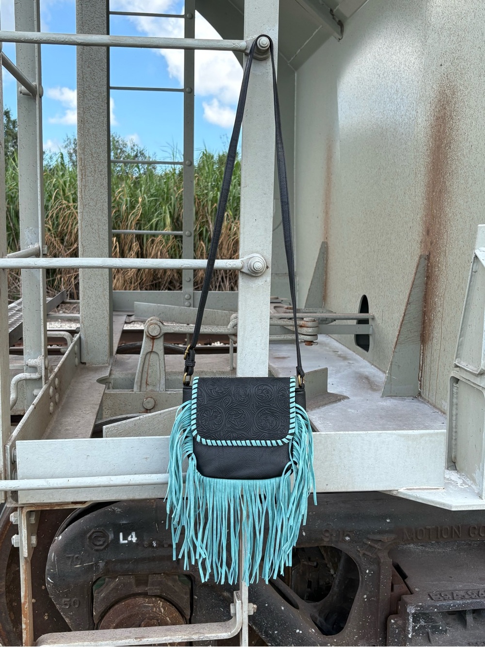 Black Turquoise Fringe Crossbody Bag Embossed Floral Faux Leather Western Boho